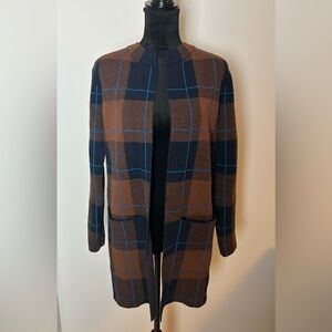 Plaid  Warm round  neck cardigan brown and navy blue
